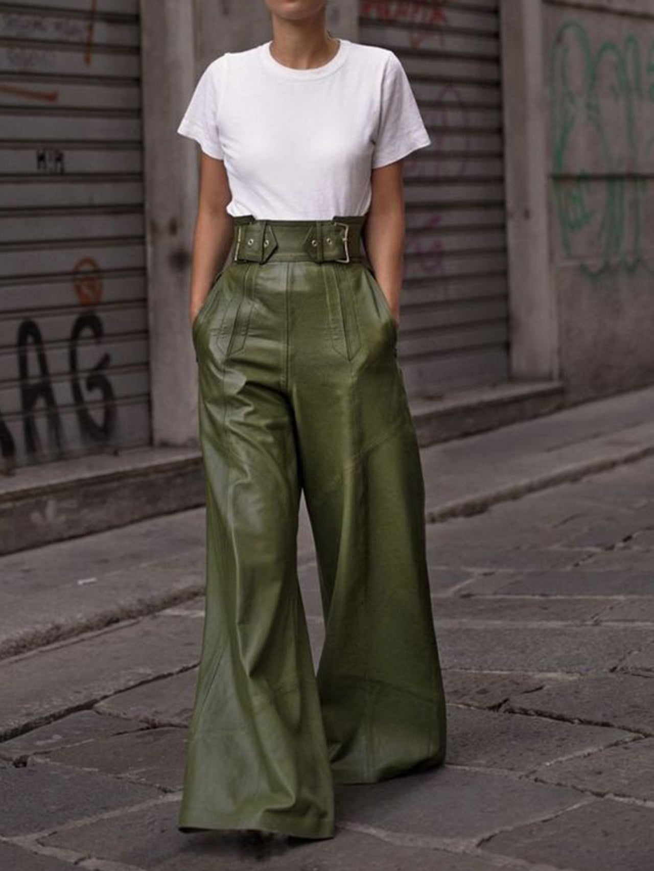 High Waist Faux Leather Bell Bottom Pants – Loose Fit with Pockets
