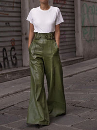 High Waist Faux Leather Bell Bottom Pants – Loose Fit with Pockets