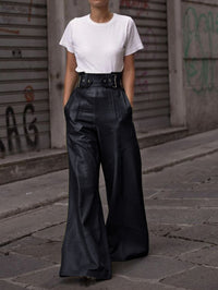High Waist Faux Leather Bell Bottom Pants – Loose Fit with Pockets