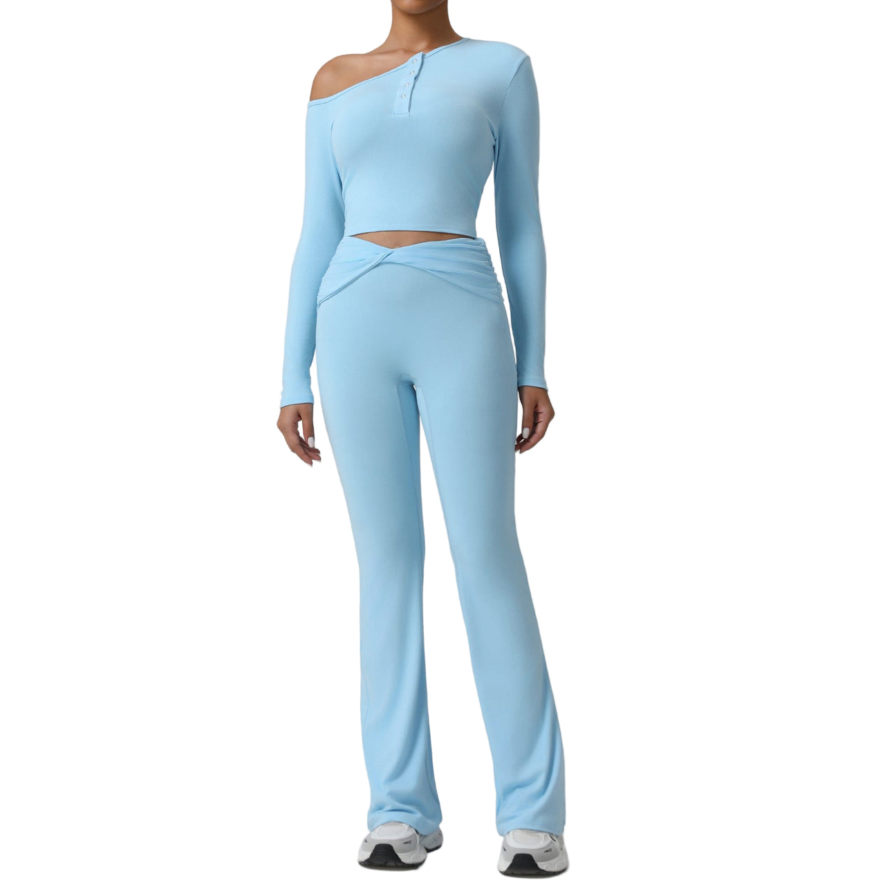 Autumn Oblique Shoulder Yoga Clothes Long Sleeved Top Women Cross High Waist Ruched Fitness Bootleg Pants Sports Set