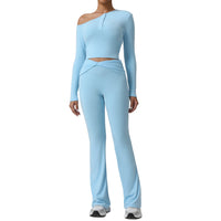 Autumn Oblique Shoulder Yoga Clothes Long Sleeved Top Women Cross High Waist Ruched Fitness Bootleg Pants Sports Set