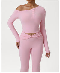 Autumn Oblique Shoulder Yoga Clothes Long Sleeved Top Women Cross High Waist Ruched Fitness Bootleg Pants Sports Set