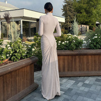 Fall Women Clothing Solid Color High Collar Slim Slimming Pleated Long Sleeve Dress