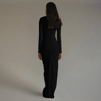 Fall Women Clothing Solid Color High Collar Slim Slimming Pleated Long Sleeve Dress