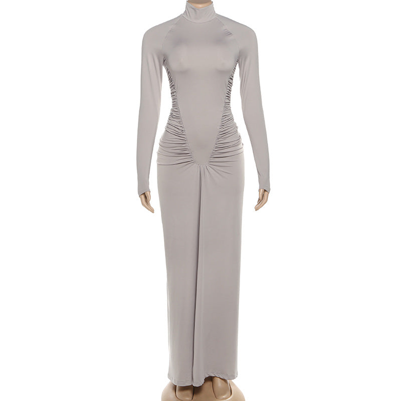 Fall Women Clothing Solid Color High Collar Slim Slimming Pleated Long Sleeve Dress