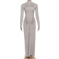 Fall Women Clothing Solid Color High Collar Slim Slimming Pleated Long Sleeve Dress