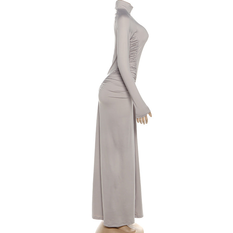 Fall Women Clothing Solid Color High Collar Slim Slimming Pleated Long Sleeve Dress