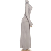 Fall Women Clothing Solid Color High Collar Slim Slimming Pleated Long Sleeve Dress