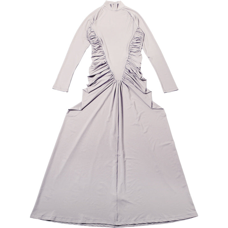 Fall Women Clothing Solid Color High Collar Slim Slimming Pleated Long Sleeve Dress
