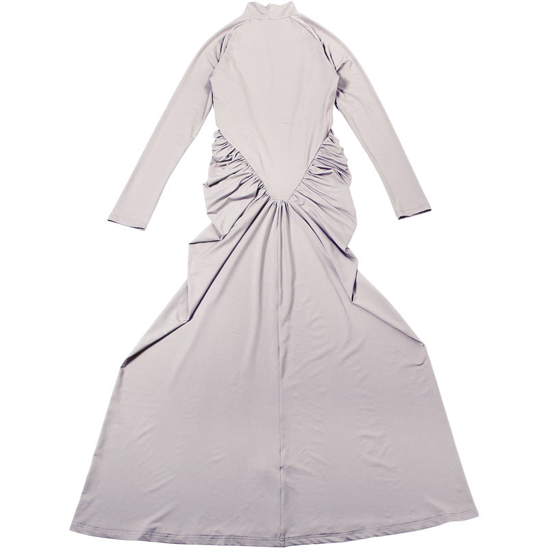 Fall Women Clothing Solid Color High Collar Slim Slimming Pleated Long Sleeve Dress