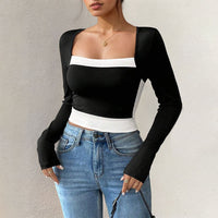 Women’s Long Sleeve Color Blocking T-Shirt – Square Collar Top