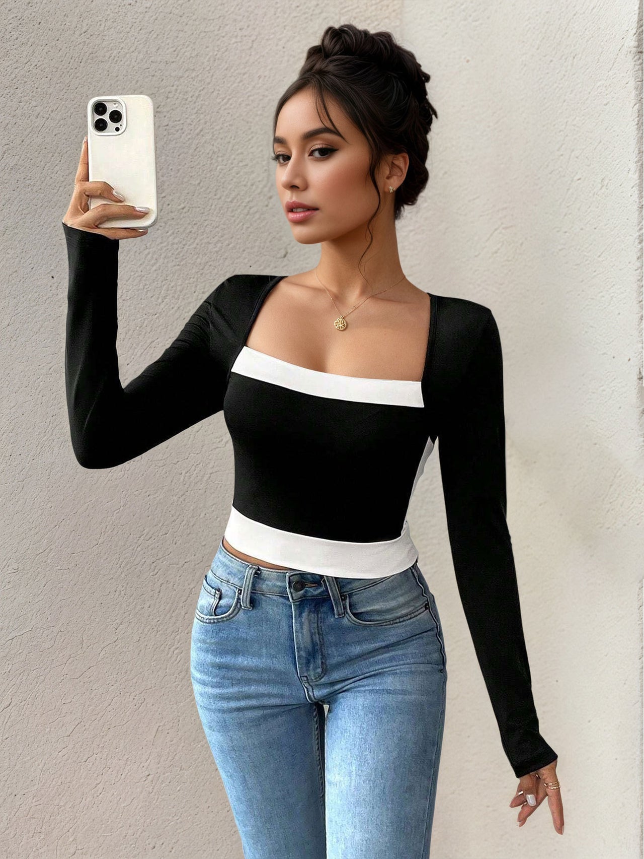 Women’s Long Sleeve Color Blocking T-Shirt – Square Collar Top