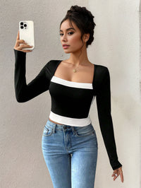 Women’s Long Sleeve Color Blocking T-Shirt – Square Collar Top