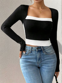Women’s Long Sleeve Color Blocking T-Shirt – Square Collar Top