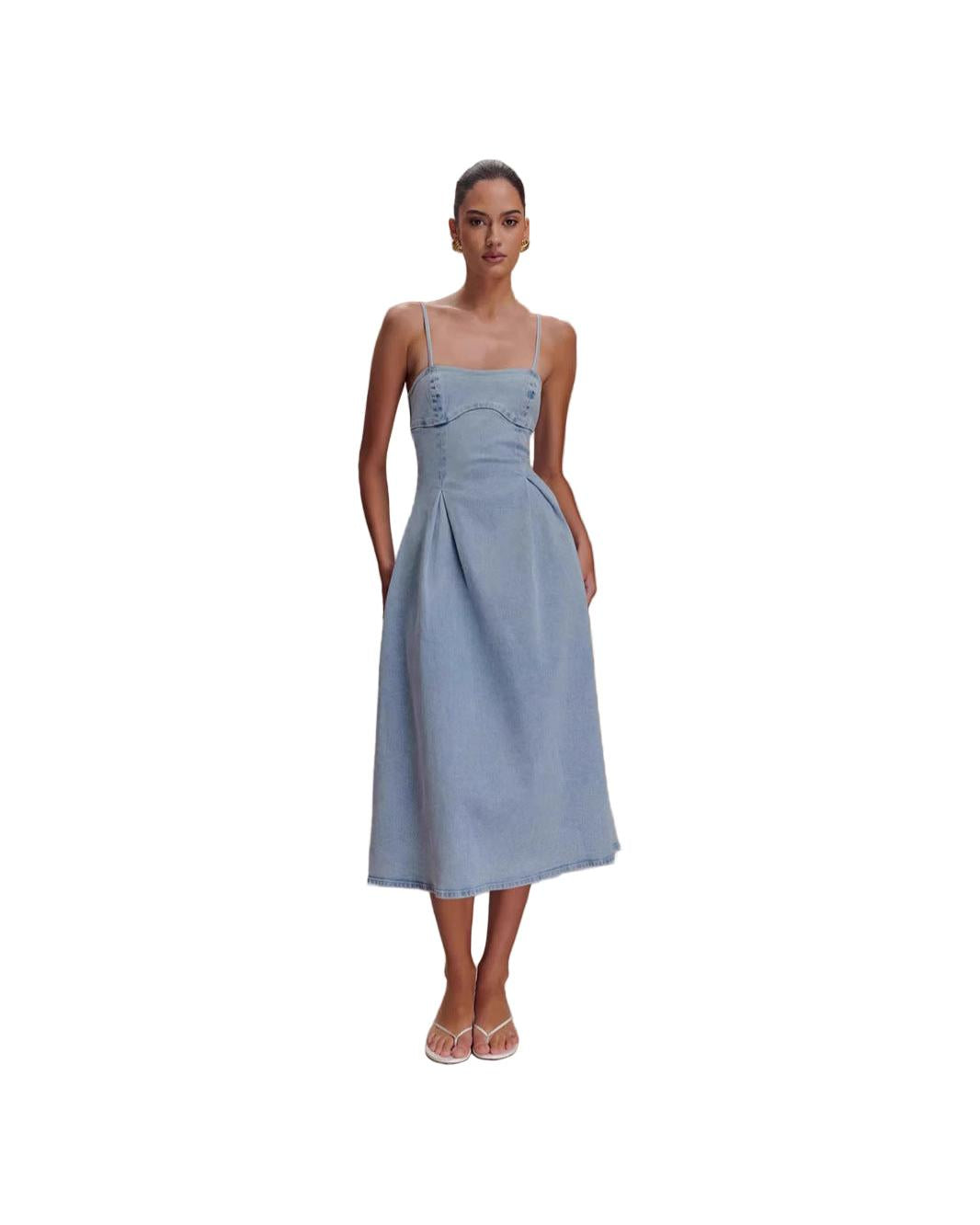 Sexy Women Wear Summer Tube Top Solid Color Sleeveless Denim Sling Dress - Modestly Vogue