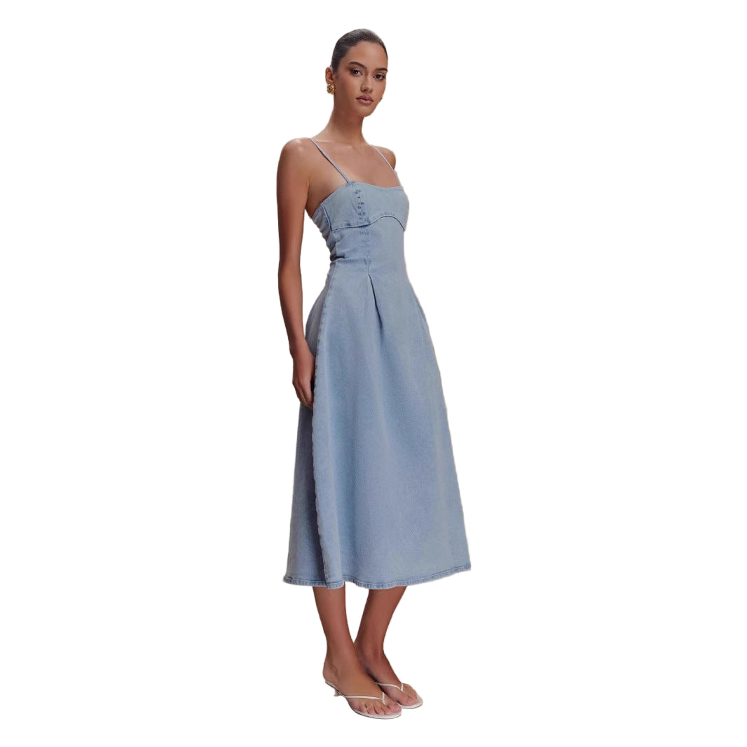 Sexy Women Wear Summer Tube Top Solid Color Sleeveless Denim Sling Dress - Modestly Vogue