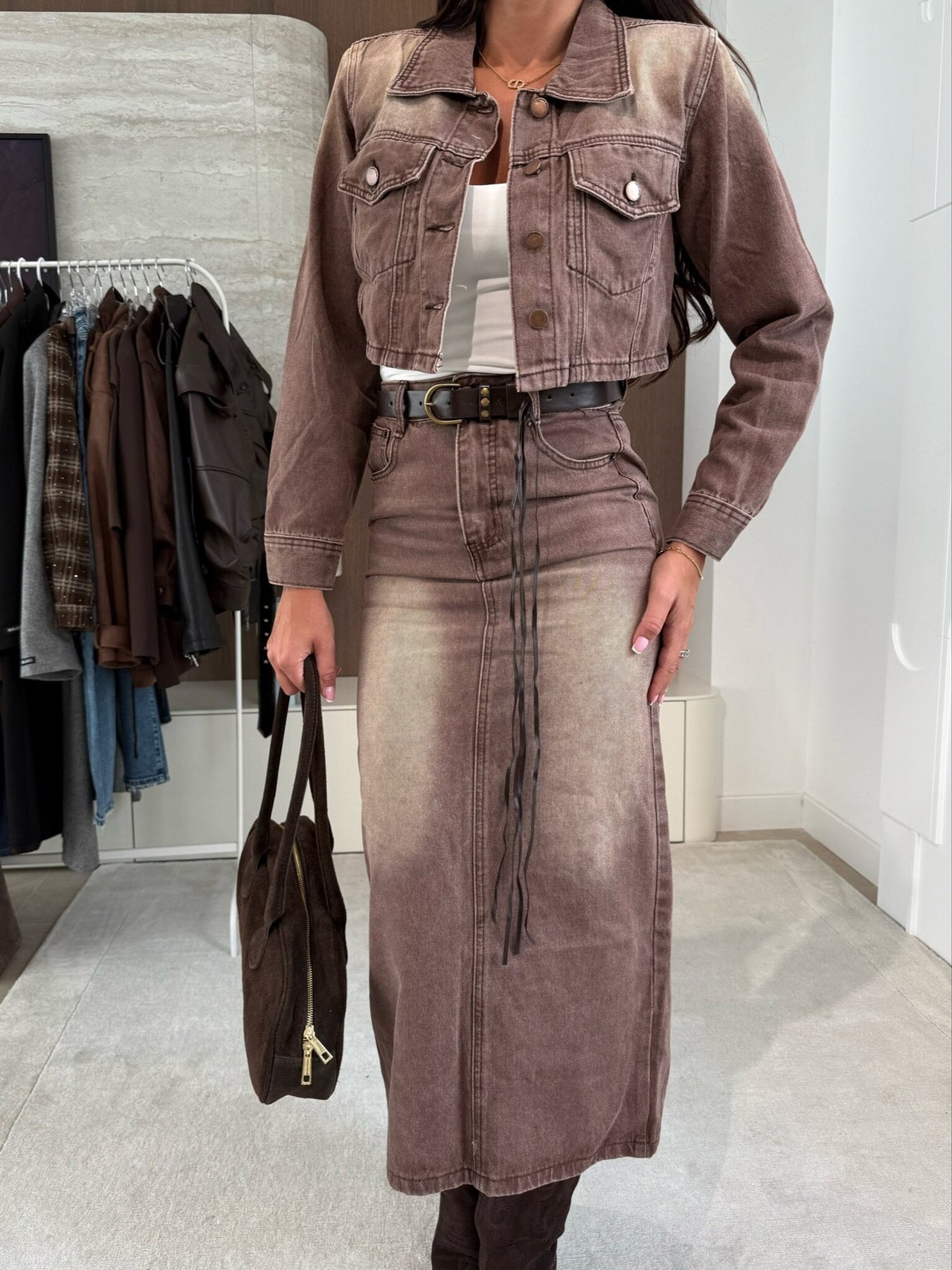 Earthtone Fall Casual Loose Lady Denim Jacket Hip Skirt Two Piece Set