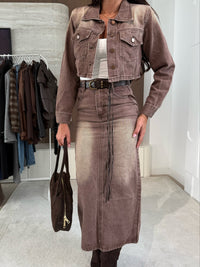 Earthtone Fall Casual Loose Lady Denim Jacket Hip Skirt Two Piece Set