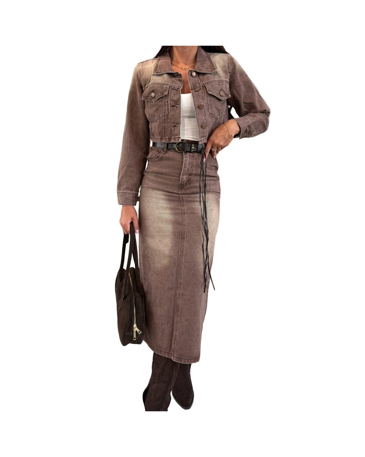 Earthtone Fall Casual Loose Lady Denim Jacket Hip Skirt Two Piece Set