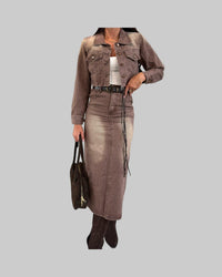 Earthtone Fall Casual Loose Lady Denim Jacket Hip Skirt Two Piece Set