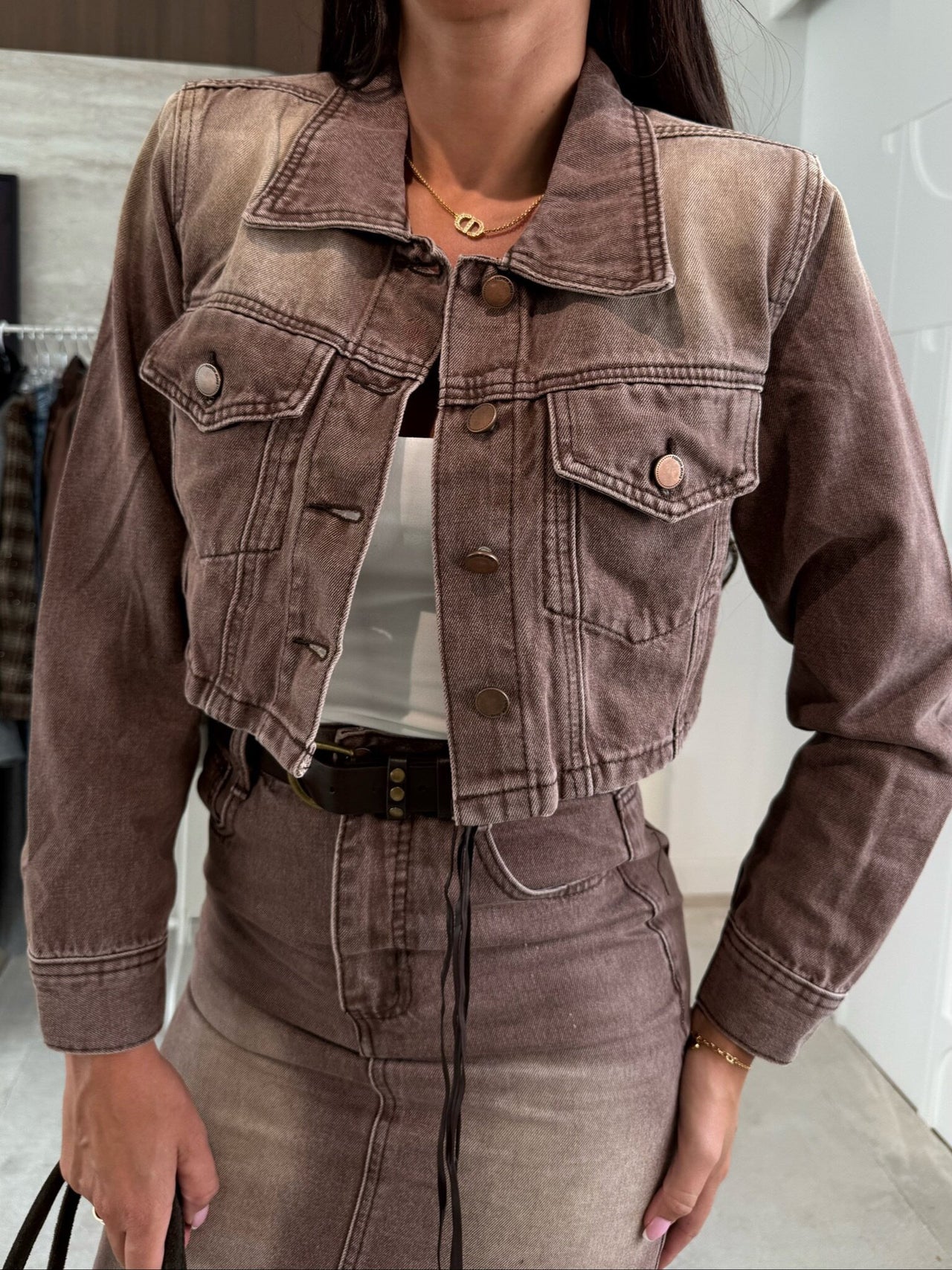 Earthtone Fall Casual Loose Lady Denim Jacket Hip Skirt Two Piece Set