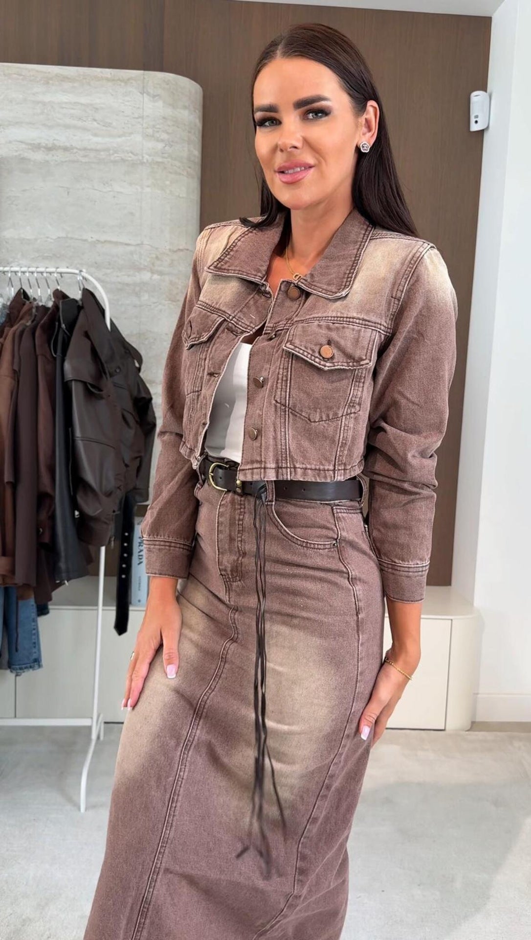 Earthtone Fall Casual Loose Lady Denim Jacket Hip Skirt Two Piece Set