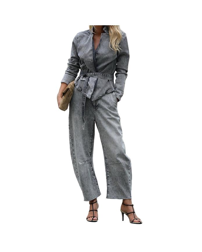 Neutral Women’s Slim Fit Denim Blazer & Pants Two-Piece Set – Casual Street Style