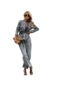Neutral Women’s Slim Fit Denim Blazer & Pants Two-Piece Set – Casual Street Style