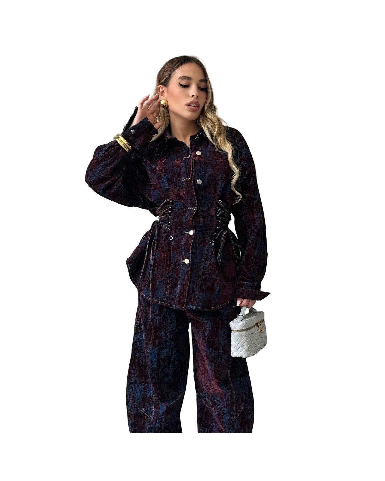 Deep Women's Printed Denim Two-Piece Set – Lace-Up Coat