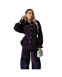 Deep Women's Printed Denim Two-Piece Set – Lace-Up Coat