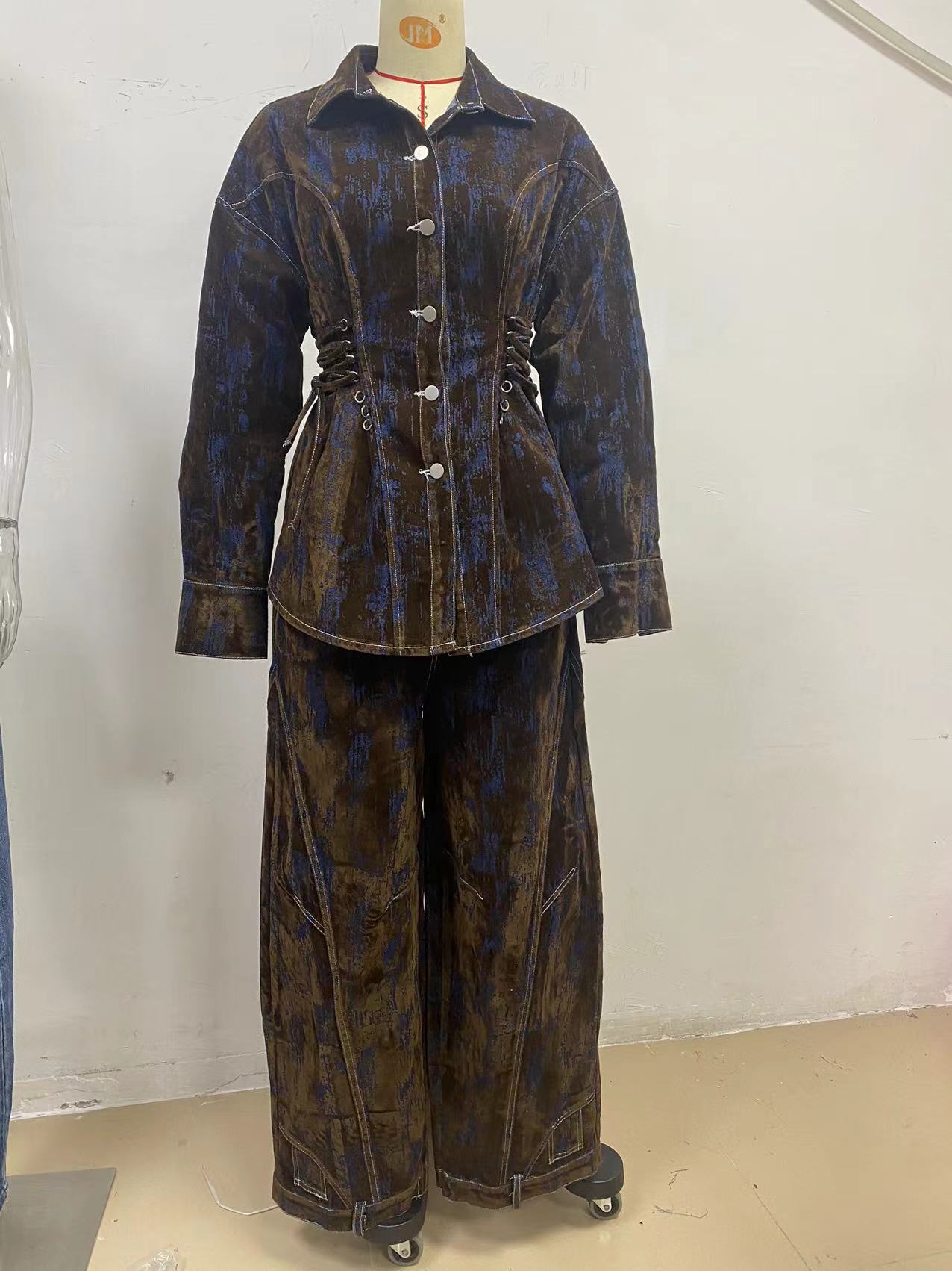 Deep Women's Printed Denim Two-Piece Set – Lace-Up Coat