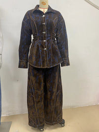 Deep Women's Printed Denim Two-Piece Set – Lace-Up Coat