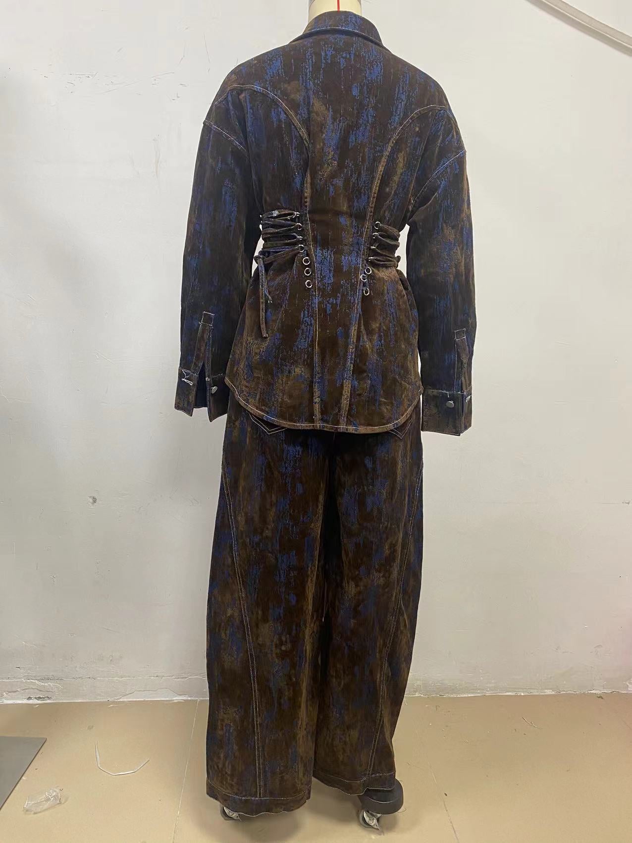 Deep Women's Printed Denim Two-Piece Set – Lace-Up Coat