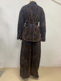 Deep Women's Printed Denim Two-Piece Set – Lace-Up Coat