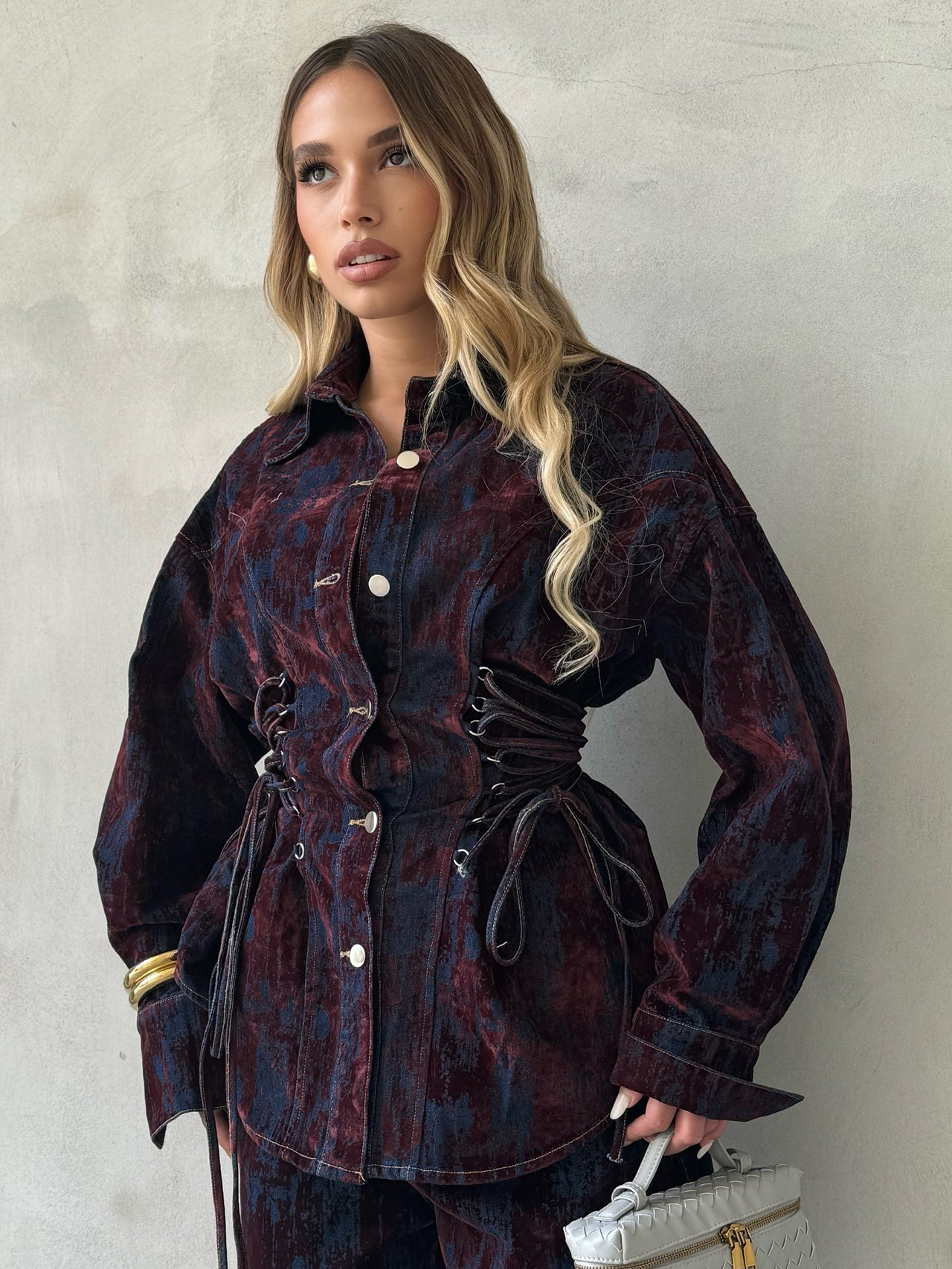 Deep Women's Printed Denim Two-Piece Set – Lace-Up Coat