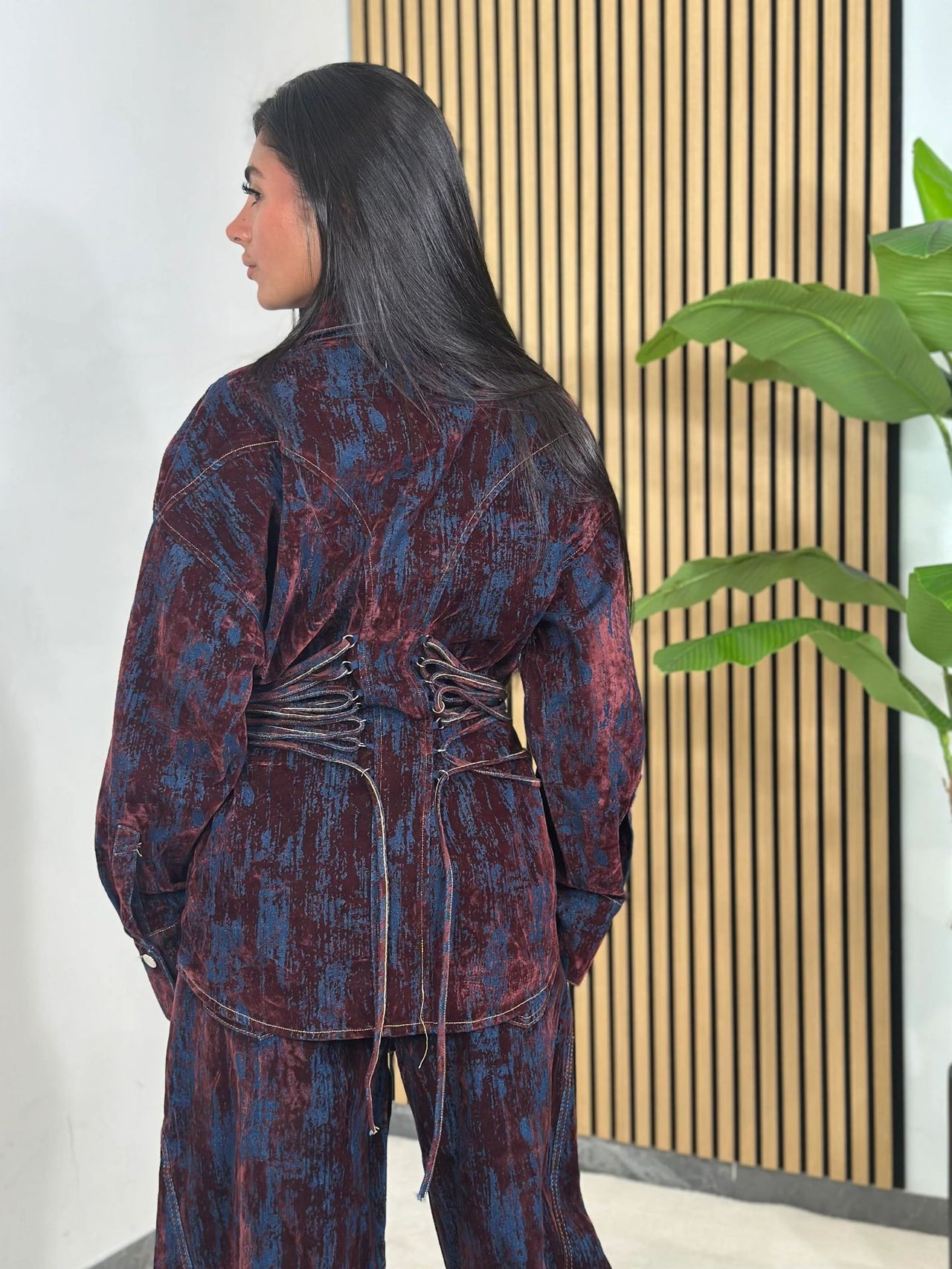 Deep Women's Printed Denim Two-Piece Set – Lace-Up Coat