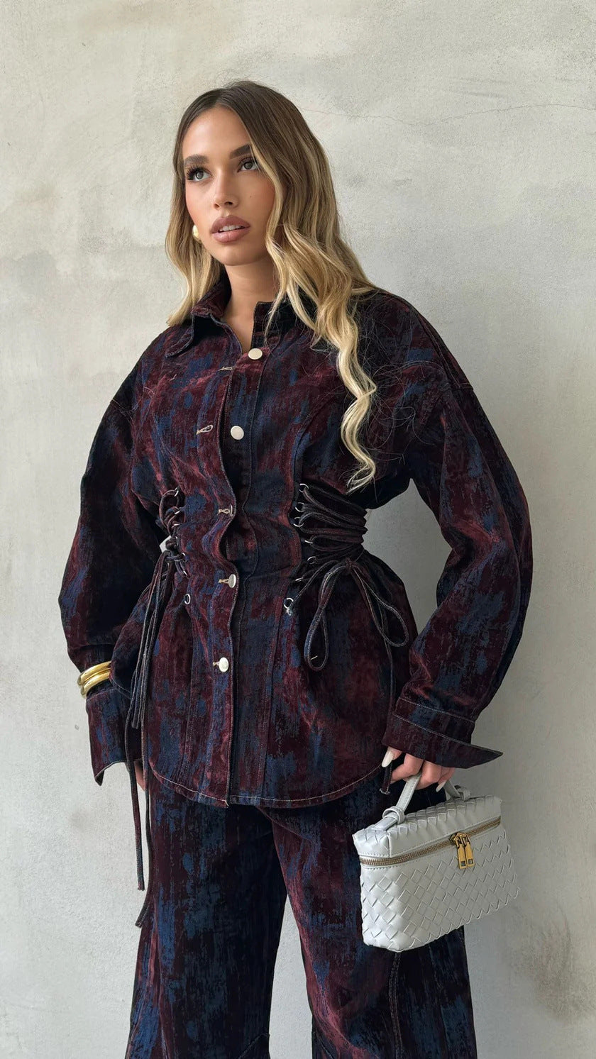 Deep Women's Printed Denim Two-Piece Set – Lace-Up Coat