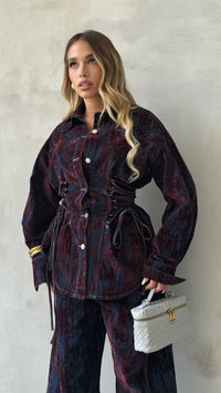 Deep Women's Printed Denim Two-Piece Set – Lace-Up Coat