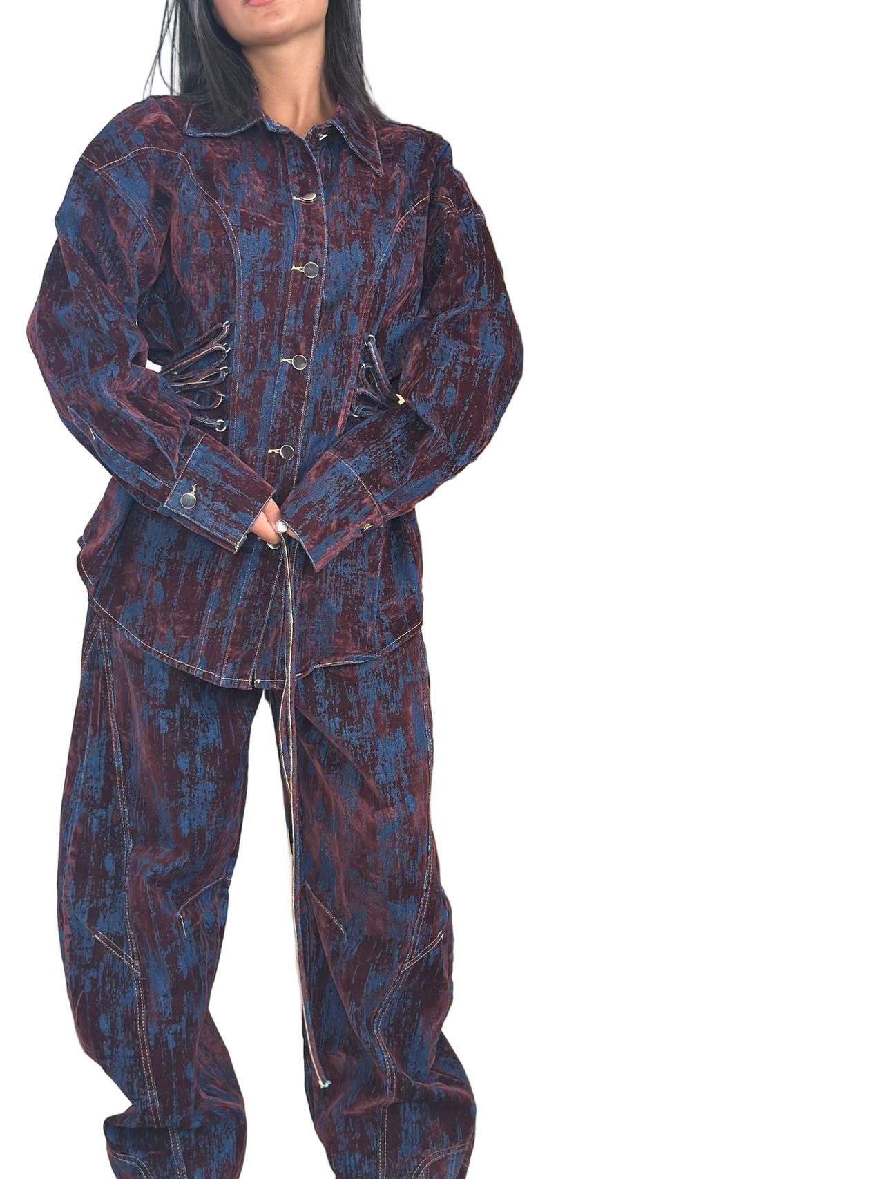 Deep Women's Printed Denim Two-Piece Set – Lace-Up Coat
