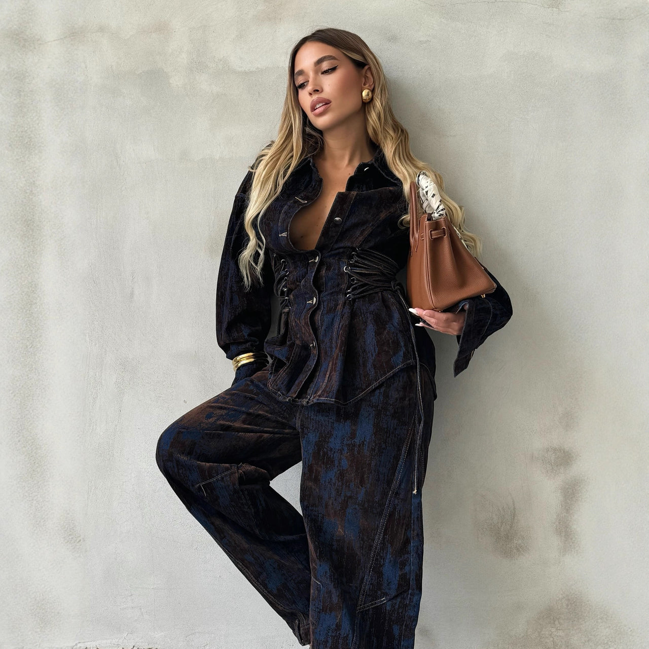 Deep Women's Printed Denim Two-Piece Set – Lace-Up Coat