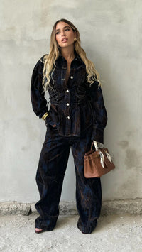 Deep Women's Printed Denim Two-Piece Set – Lace-Up Coat