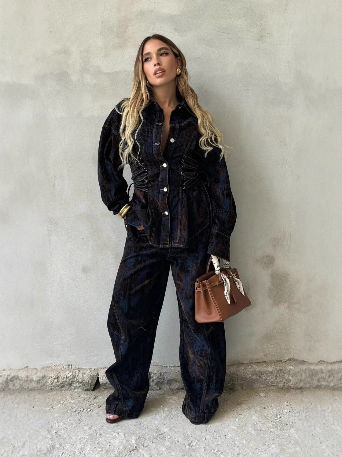 Deep Women's Printed Denim Two-Piece Set – Lace-Up Coat
