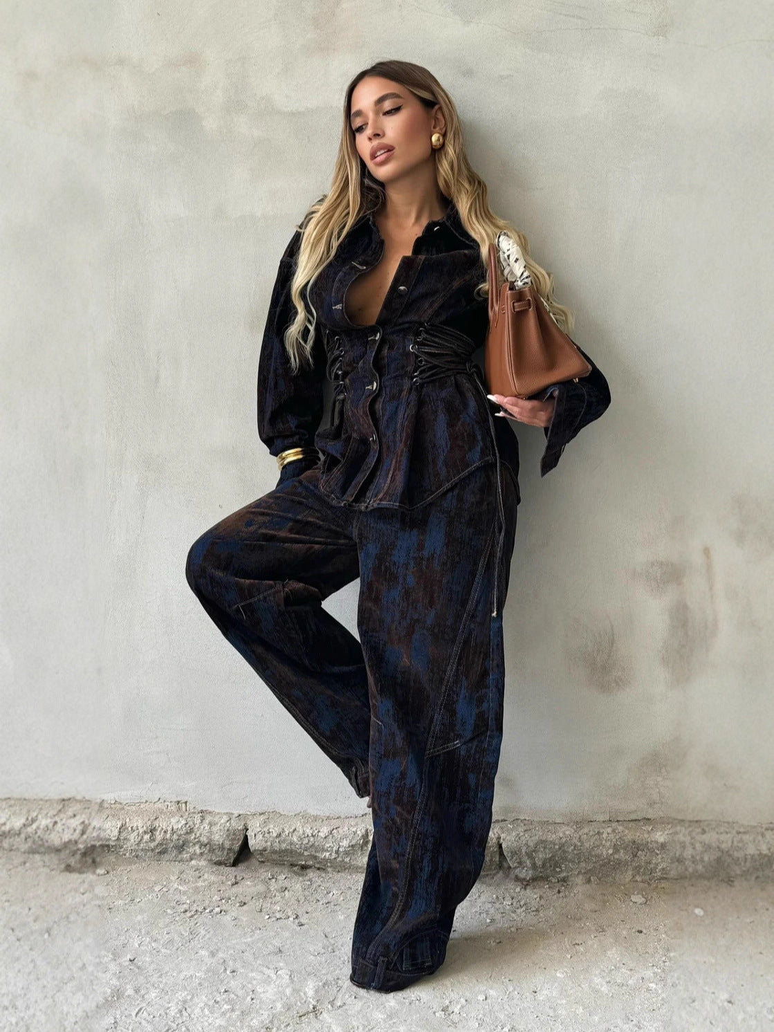 Deep Women's Printed Denim Two-Piece Set – Lace-Up Coat