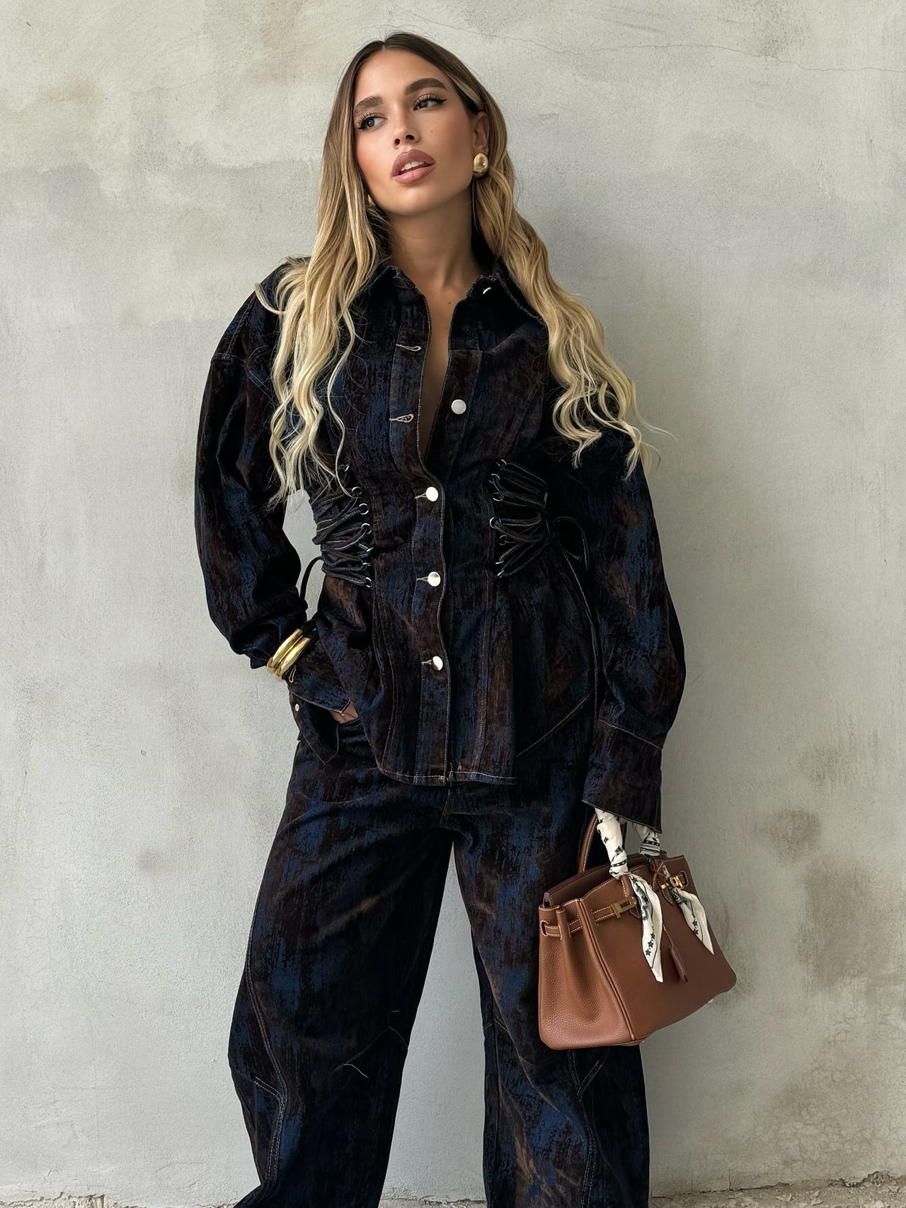 Deep Women's Printed Denim Two-Piece Set – Lace-Up Coat