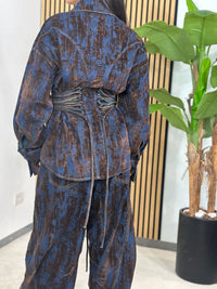 Deep Women's Printed Denim Two-Piece Set – Lace-Up Coat