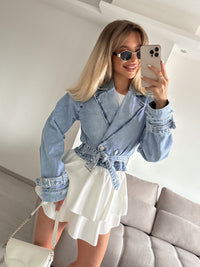 Women Collared Long Sleeve Denim Wind Bolero Jacket