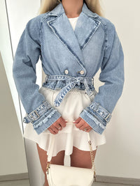 Women Collared Long Sleeve Denim Wind Bolero Jacket