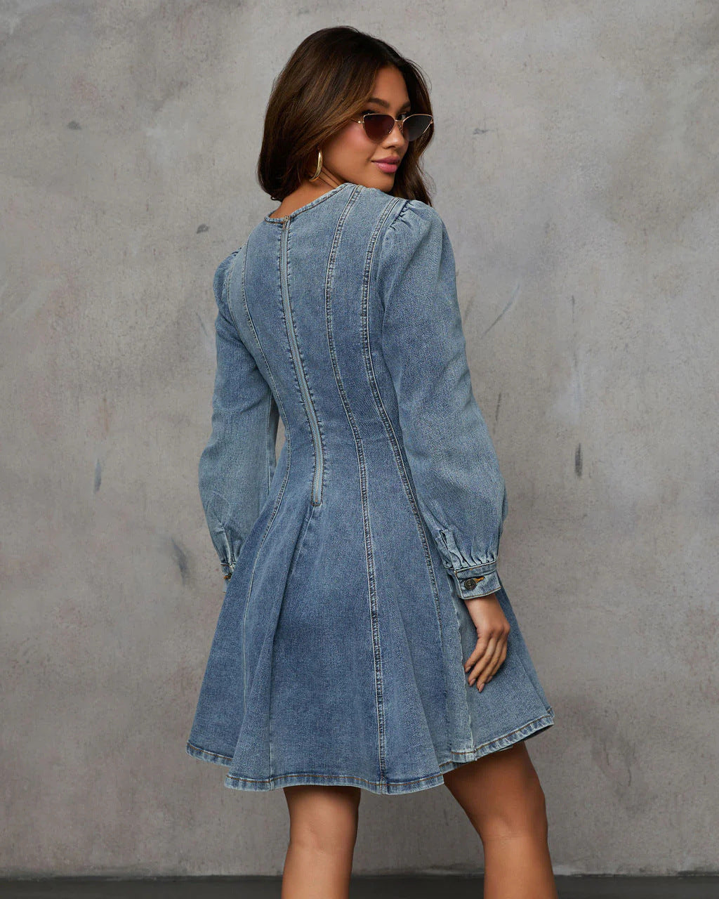 Autumn Casual Patchwork Tight Waist Women Denim Long Sleeve Dress