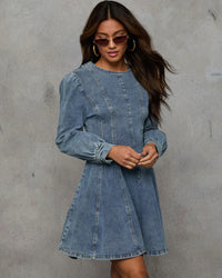 Autumn Casual Patchwork Tight Waist Women Denim Long Sleeve Dress