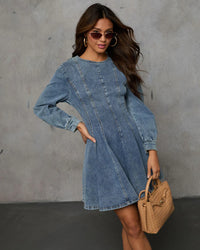Autumn Casual Patchwork Tight Waist Women Denim Long Sleeve Dress